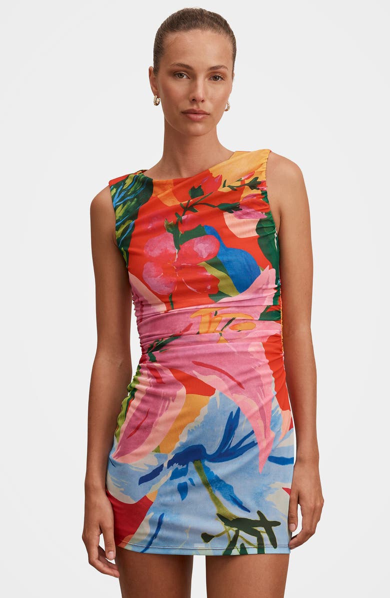 Ever New Lucille Ruched Mesh Minidress, Alternate, color, Sola Tropical