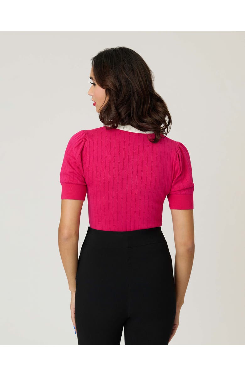 Unique Vintage Collared Short Sleeve Prim & Pretty Sweater, Alternate, color, Hot Pink