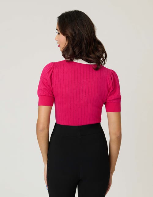 Unique Vintage Collared Short Sleeve Prim & Pretty Sweater In Pink