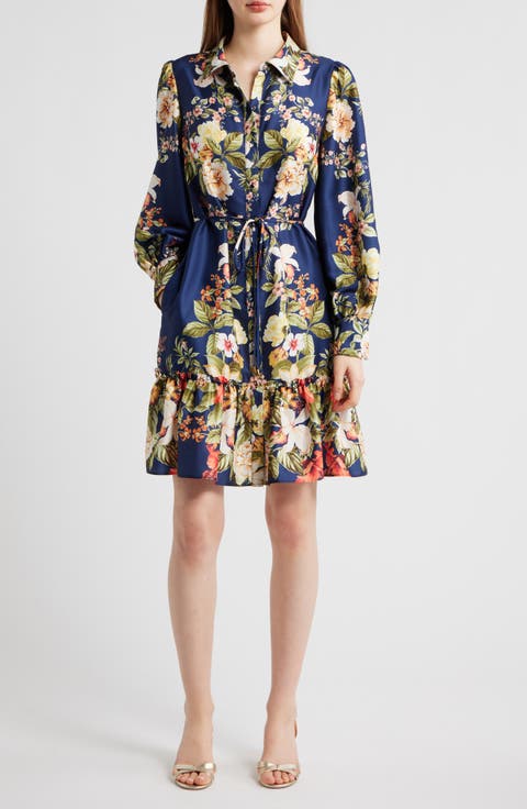 Floral Long Sleeve Satin Shirtdress