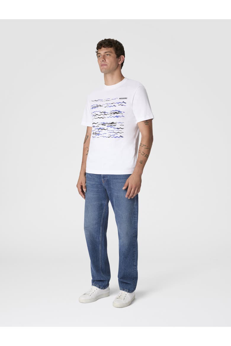 Crew-neck Cotton T-shirt With Wave Print And Logo, Alternate, color, White & Blue