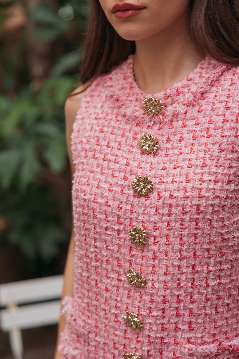 Boucle Sleeveless Button Detail Mini Dress, Alternate, color, Pink
