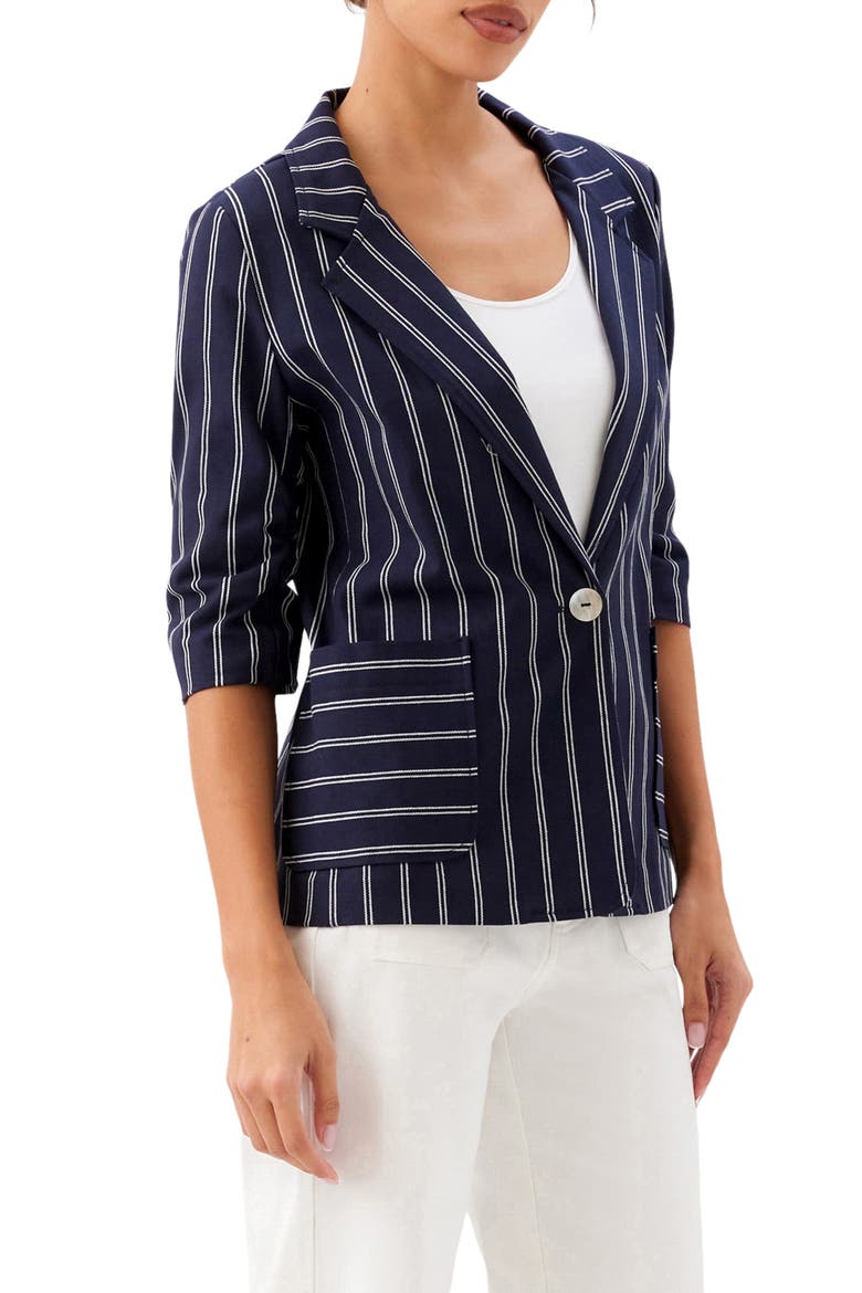 Stripe Ruched Sleeve Stretch Cotton Jacket, Alternate, color, NAVY