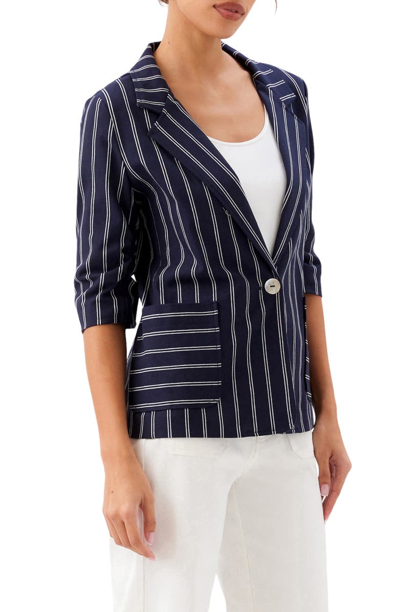 Karen Kane Stripe Ruched Sleeve Stretch Cotton Jacket, Alternate, color, Navy