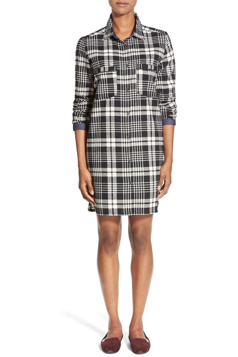 Plaid Cotton Blend Shirtdress, Main, color, BLACK