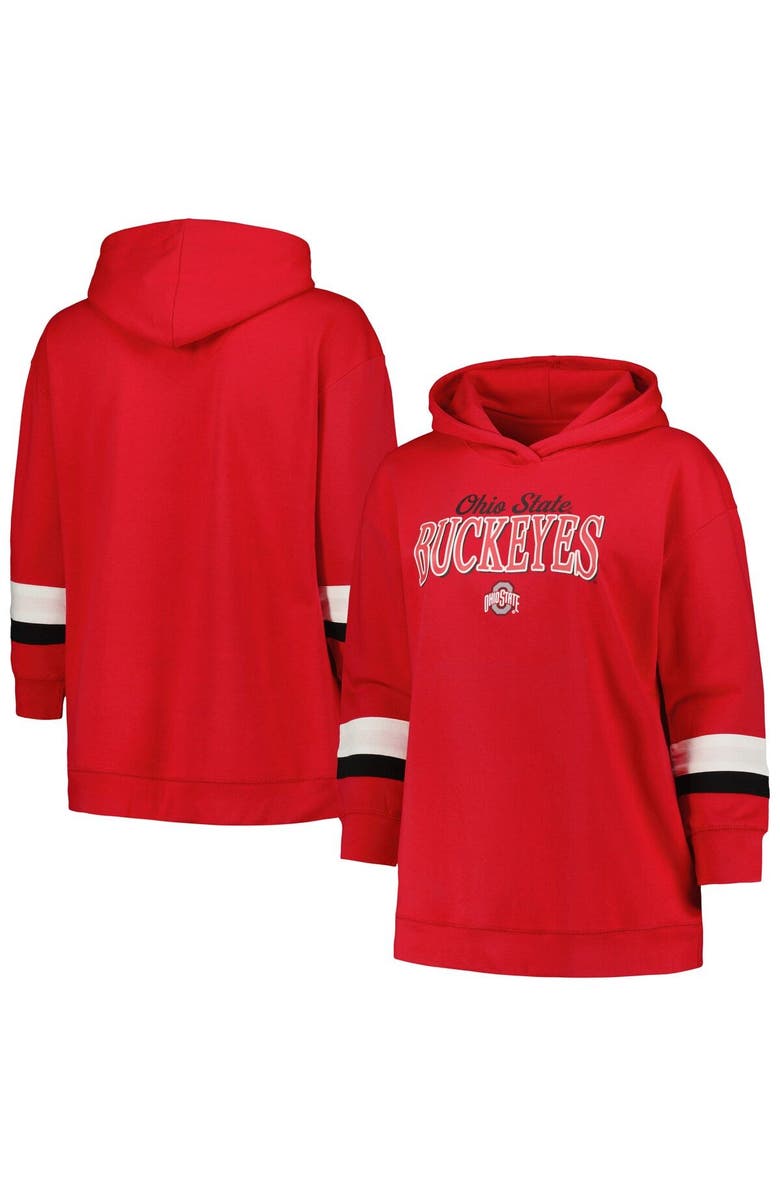 PROFILE Women's Profile Scarlet Ohio State Buckeyes Plus Size Badge Bridge Stripe Pullover Hoodie, Main, color,