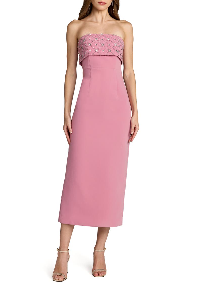 Women’s Strapless Crepe Midi Dress with Rhinestone Embellished Bodice, Main, color, Orchid