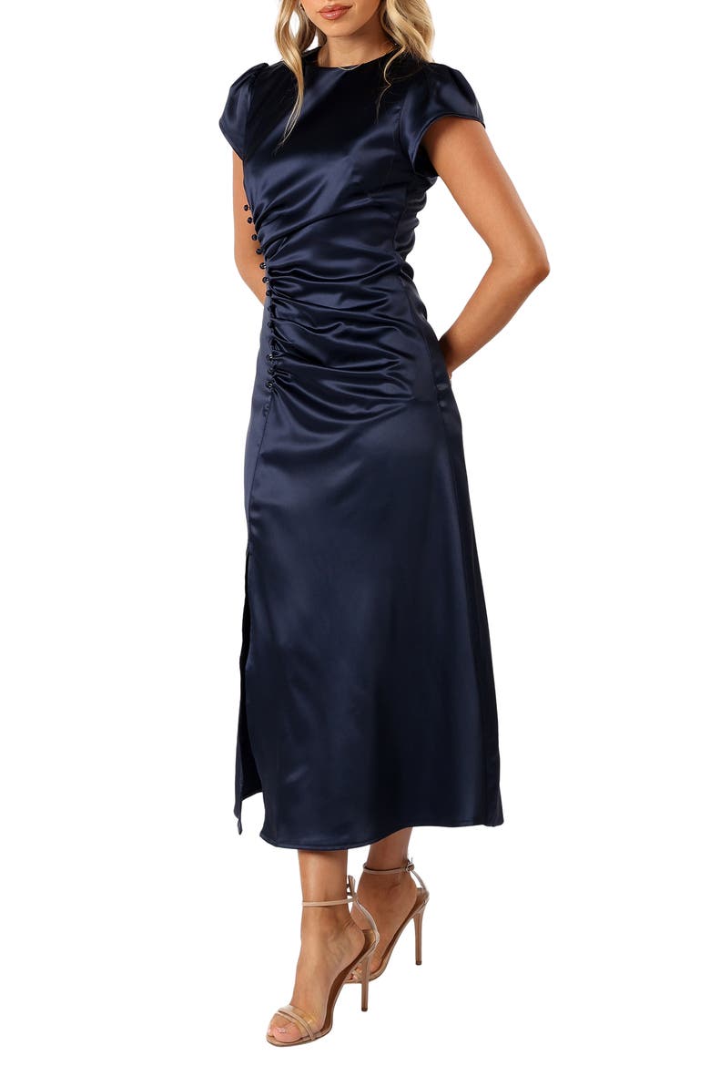 Lisbeth Ruched Satin Midi Dress, Alternate, color, NAVY