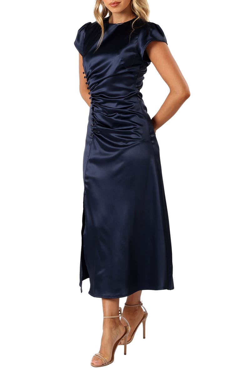 Petal & Pup Lisbeth Ruched Satin Midi Dress, Alternate, color, Navy