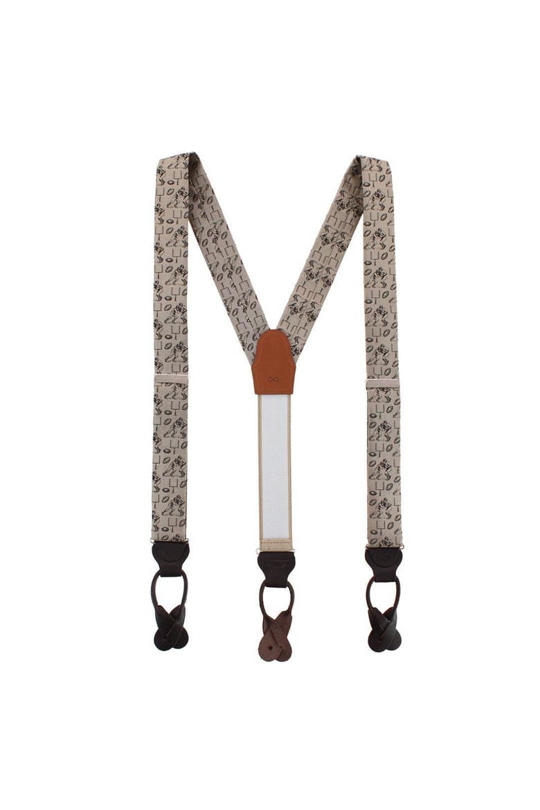 Field Goal Football Themed Novelty Silk Button End Suspenders, Alternate, color, Taupe
