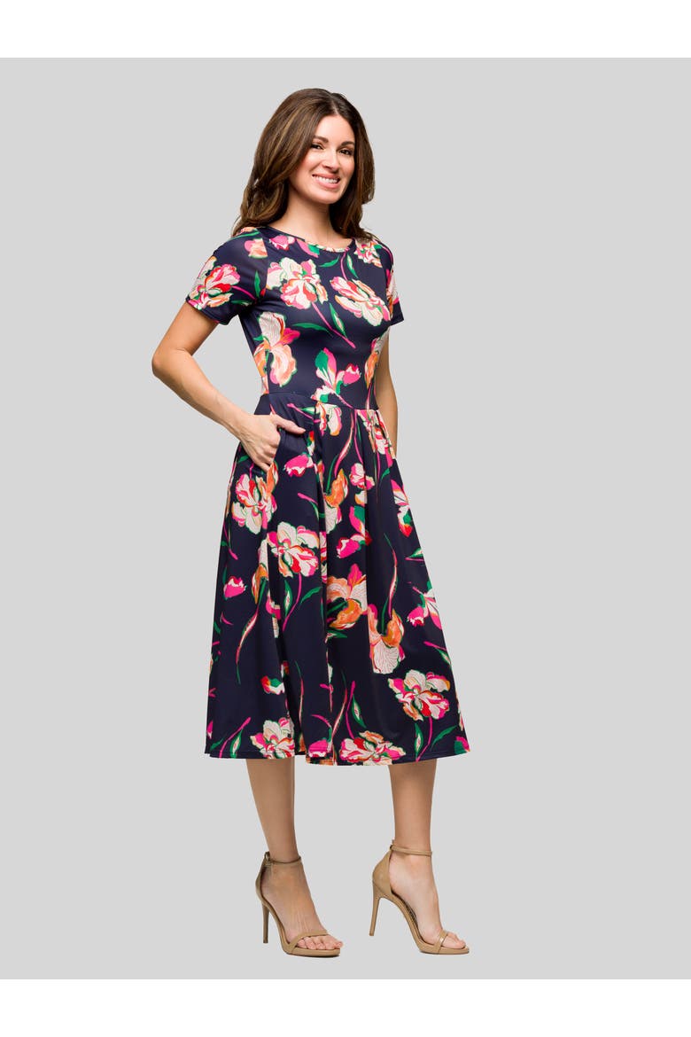 Navy Floral Short Sleeve Pleated Flare Midi Pocket Dress, Alternate, color, Navy Multi