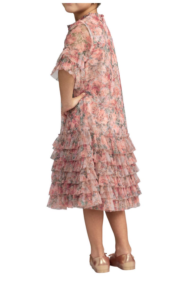 Mac Duggal Girls Floral Printed Short Sleeve Ruffle Dress, Alternate, color, Pink Multi