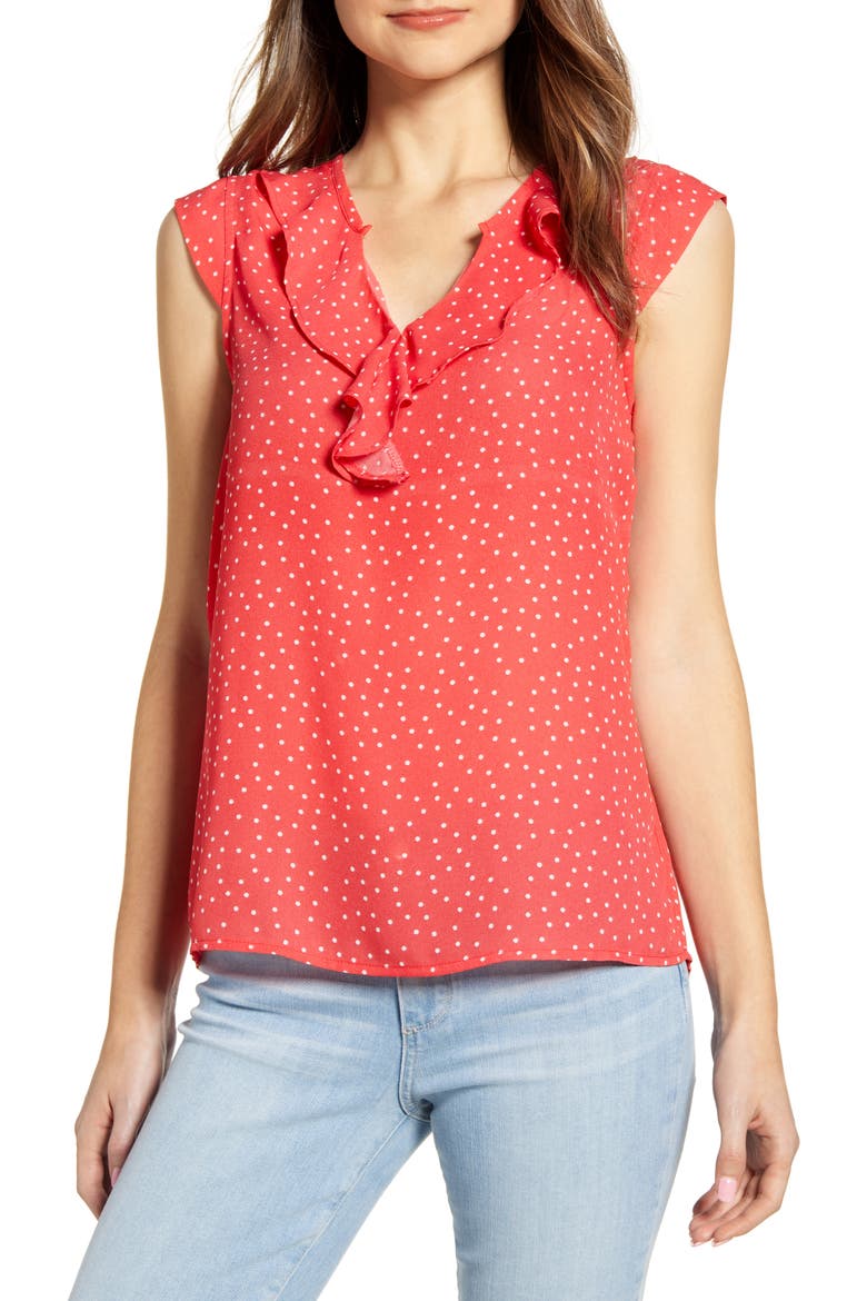 Gibson x International Women's Day Fancy Ashley Ruffle Detail Cap Sleeve Blouse, Main, color, CORAL MINI DOT