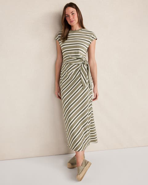 Organic Cotton Interlock Stripe Midi Knot Dress