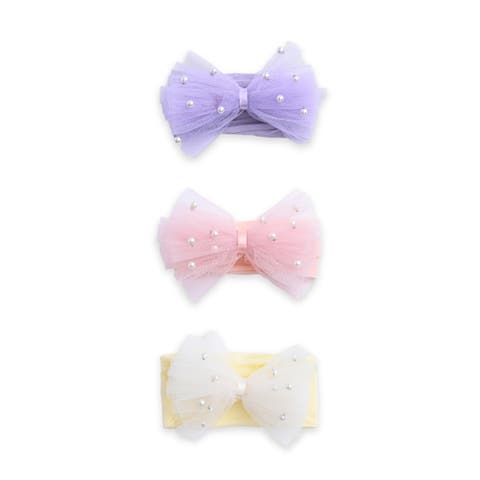 Elastic Tulle Pearl Bow Headband Set