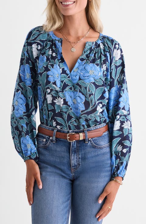 Print Split Neck Popover Top