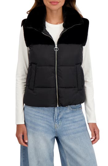 Sebby Water Resistant Mixed Media Puffer Vest In Black