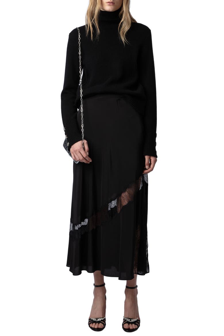 Jaylal Lace Trim Silk Maxi Skirt, Alternate, color, NOIR