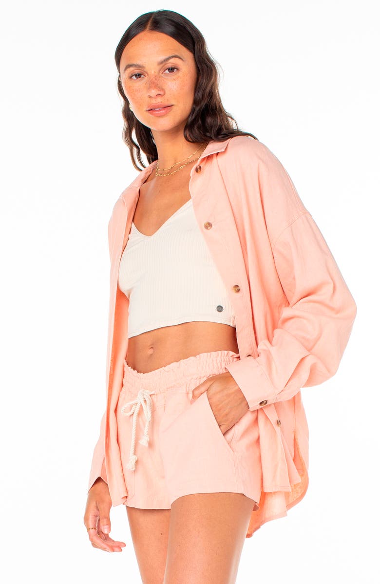 Roxy Morning Time Linen Blend Button-Up Shirt, Alternate, color, Rose Cloud Solid