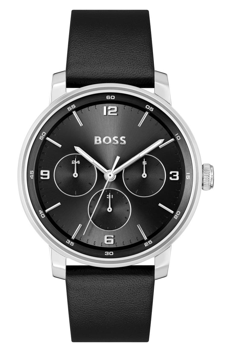 Contender Leather Strap Watch, 44mm, Main, color, BLACK