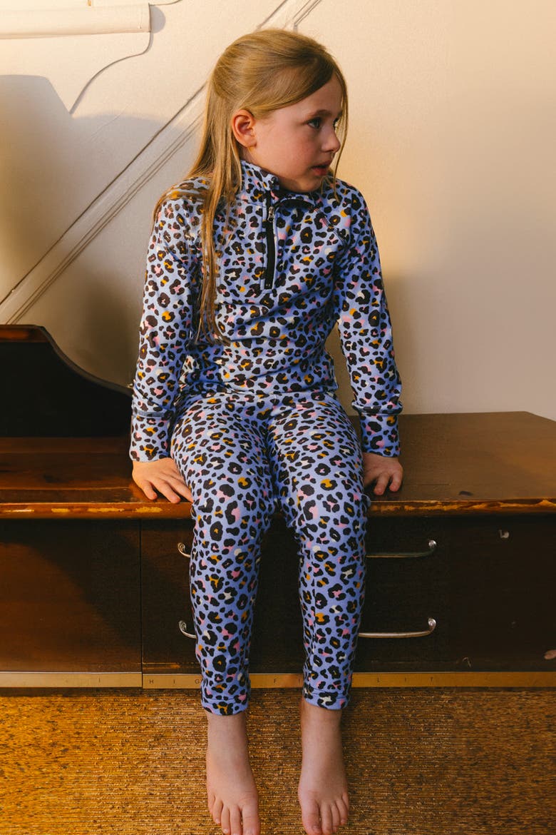Two Piece Leopard Brushed Half-Zip Top & Pants Thermal Underwear, Alternate, color, Blue Leopard Print