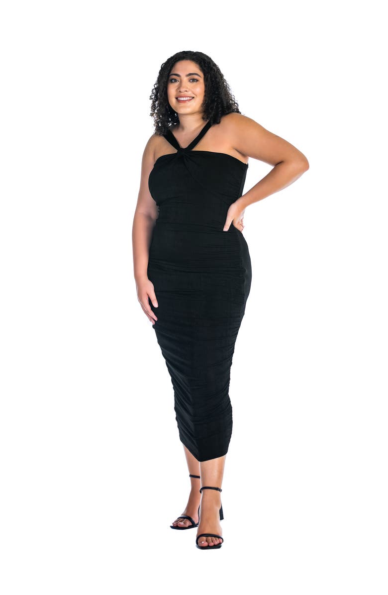 24seven Comfort Apparel Halter Cross Neck Ruched Bodycon Mid Dress, Alternate, color, Black