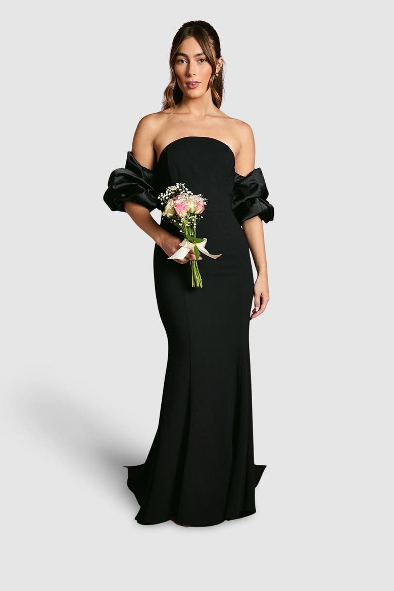 Puff Sleeve Bardot Fishtail Maxi Dress, Main, color, Black