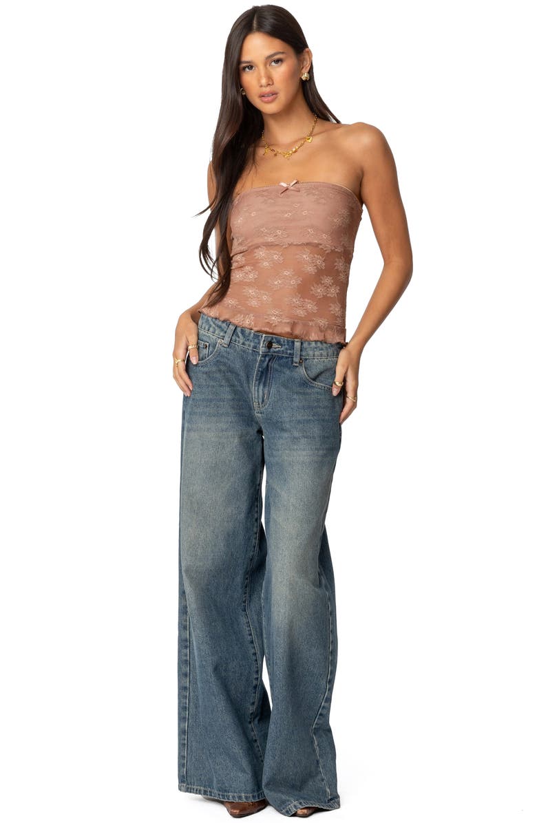 EDIKTED Ballet Floral Lace Crop Tube Top, Alternate, color, Brown