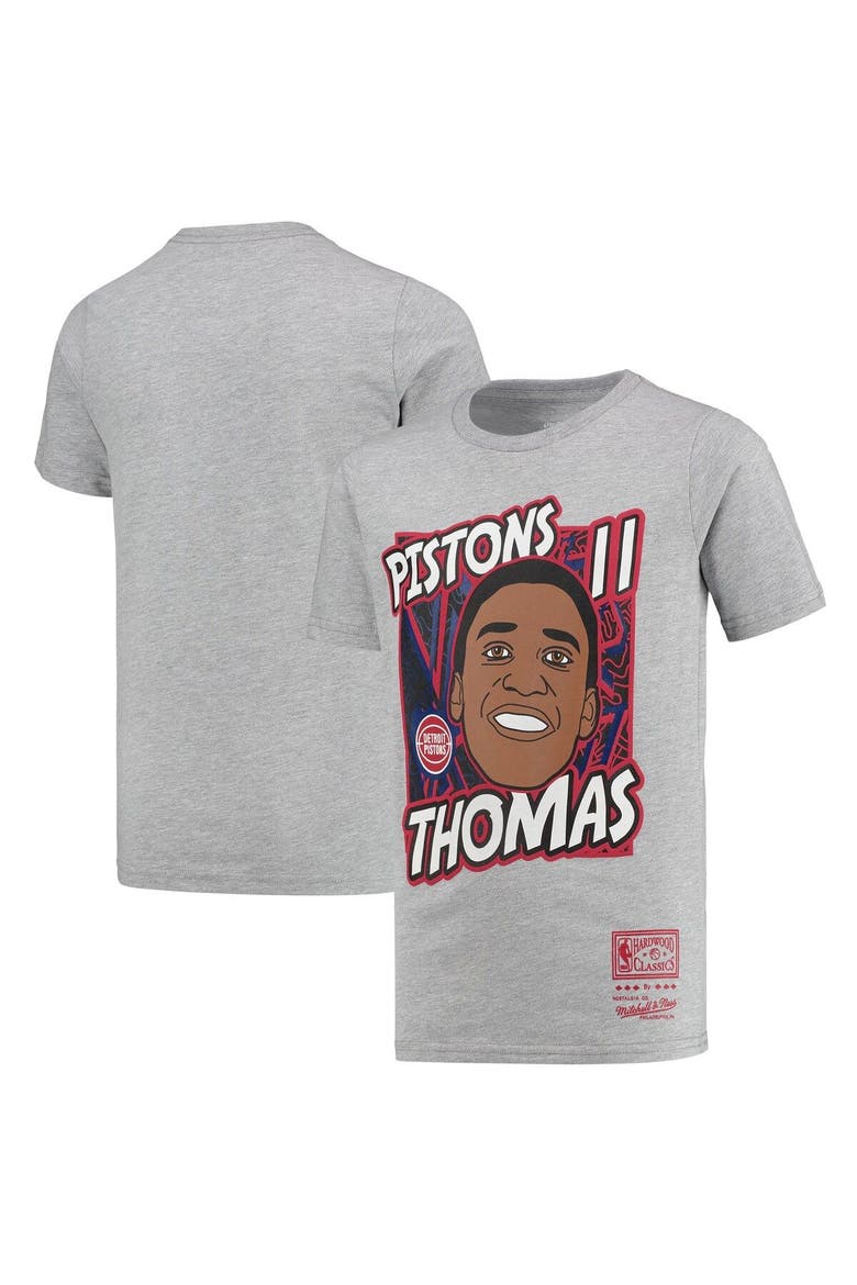 Youth Mitchell & Ness Isiah Thomas Gray Detroit Pistons Hardwood Classics King of the Court Player T-Shirt, Main, color, Heather Gray