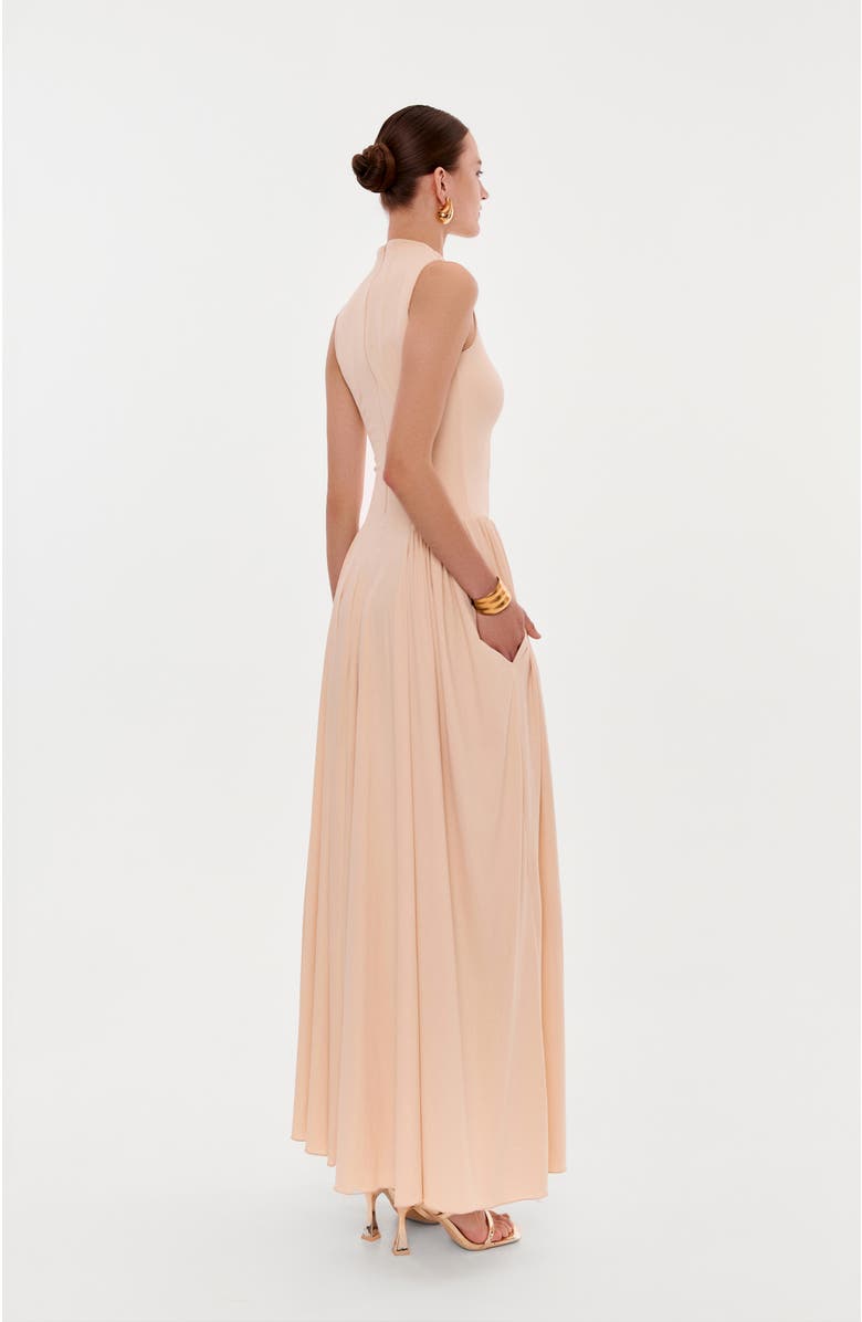 Milla Sleeveless mock neck dress with a pleated maxi skirt, Alternate, color, Nude