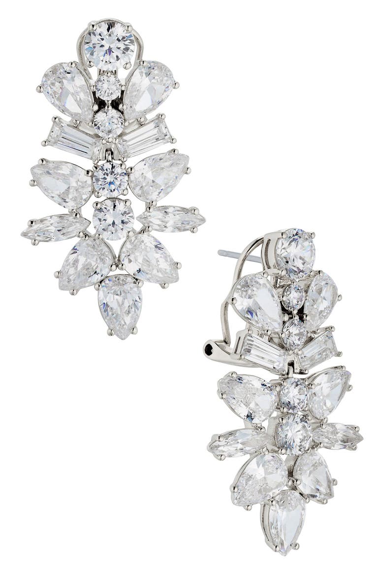 Cubic Zirconia Cluster Drop Earrings, Main, color, RHODIUM