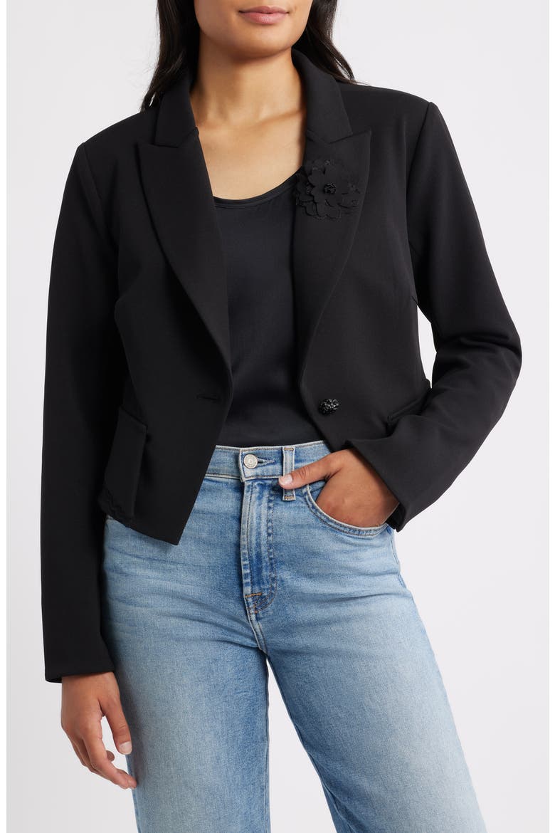 Floral Appliqué Crop Jacket, Main, color, BLACK