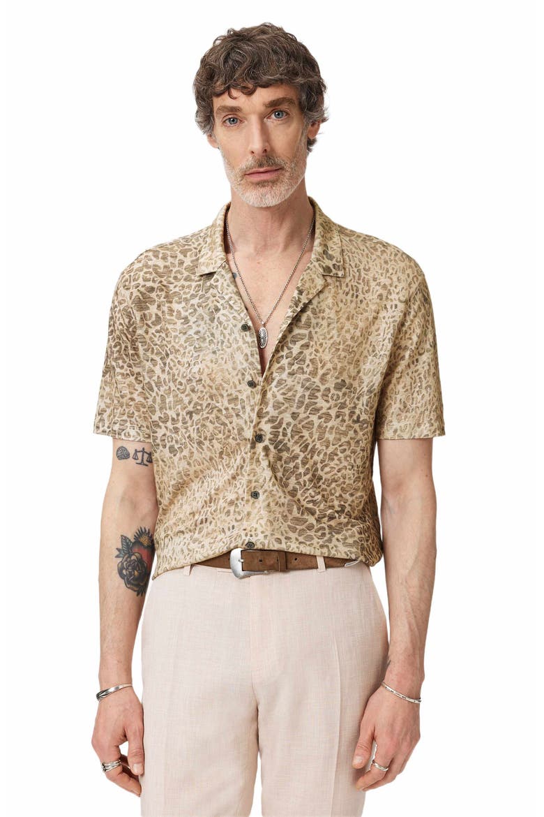 Castoro Leopard Pattern Knit Camp Shirt, Alternate, color, LIGHT KHAKI