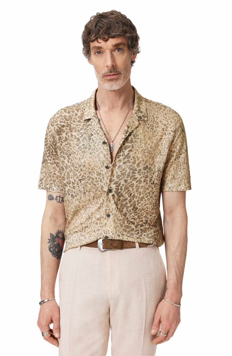 John Varvatos Castoro Leopard Pattern Knit Camp Shirt, Alternate, color, Light Khaki