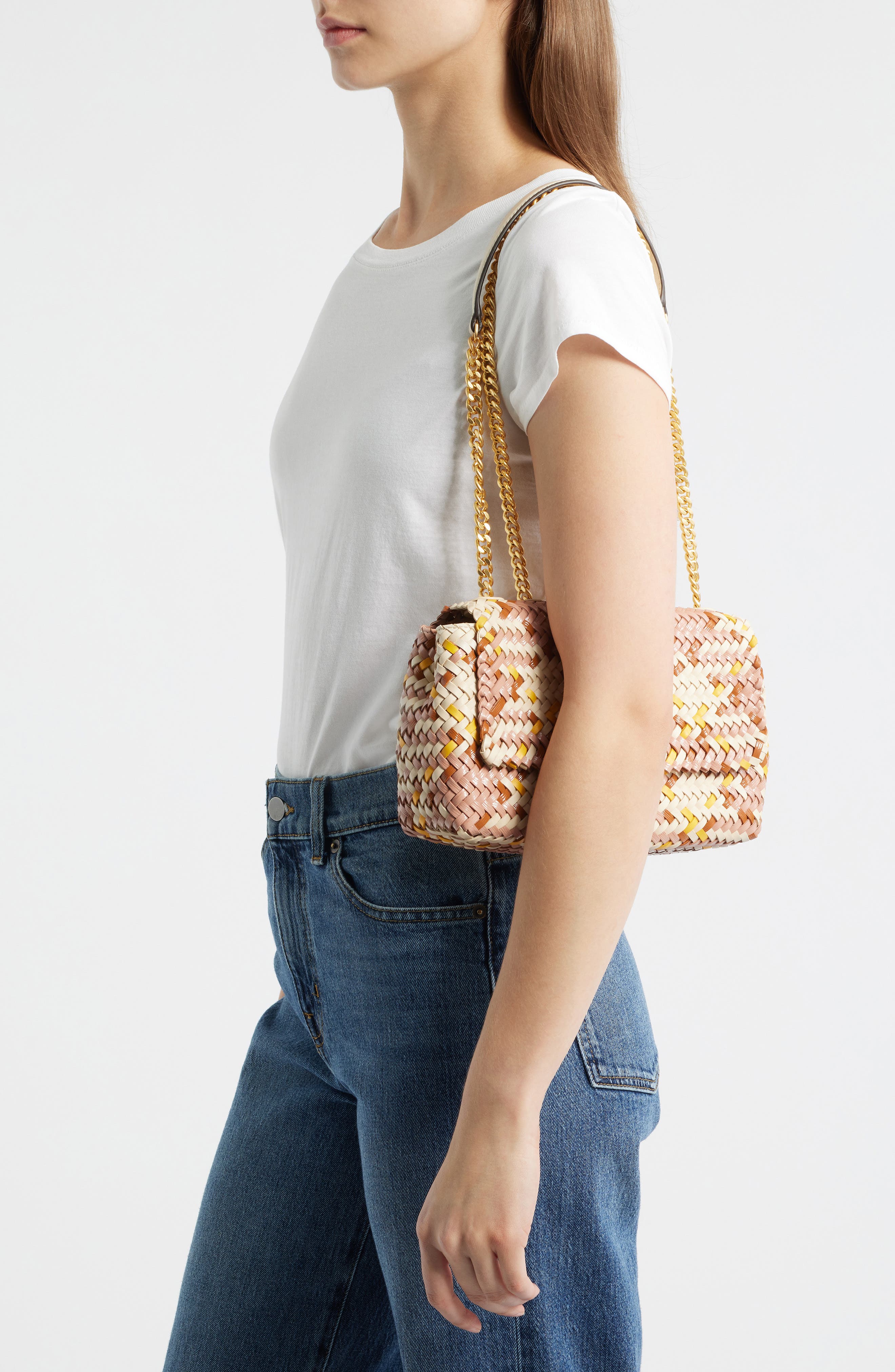 Tory Burch Small Kira Woven Leather Crossbody Bag, Alternate, color, Pink Moon/ Cream/ Goldfinch