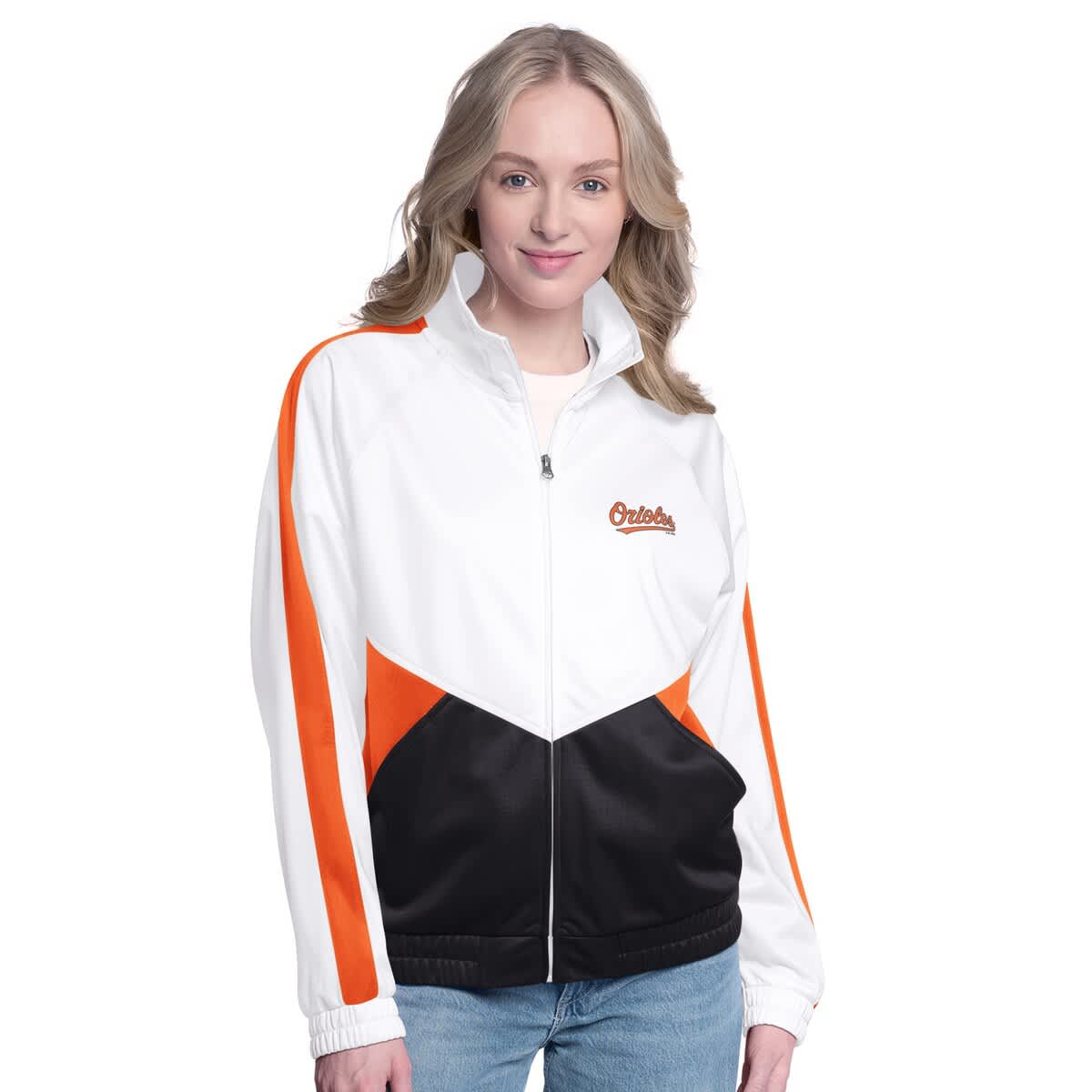 G-iii Sports By Carl Banks White/orange Baltimore Orioles Rally Rhinestone Raglan Full-zip Track Ja