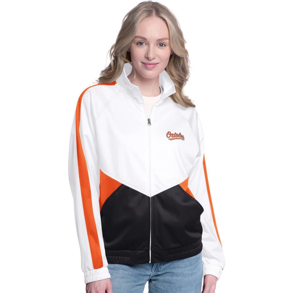 G-iii Sports By Carl Banks White/orange Baltimore Orioles Rally Rhinestone Raglan Full-zip Track Ja