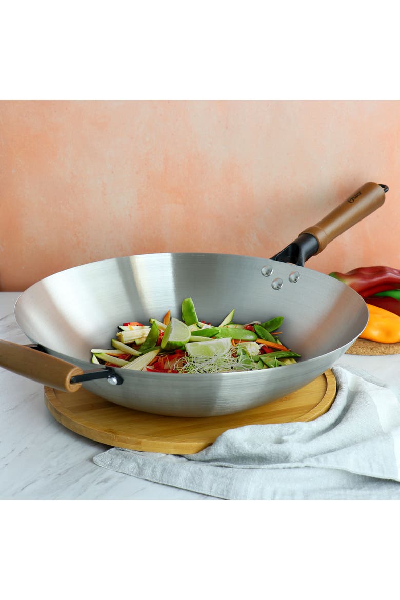 Sangerfield 14in Stainless Steel Flat Bottom Wok with Wooden Handles, Alternate, color, Metallic Silver