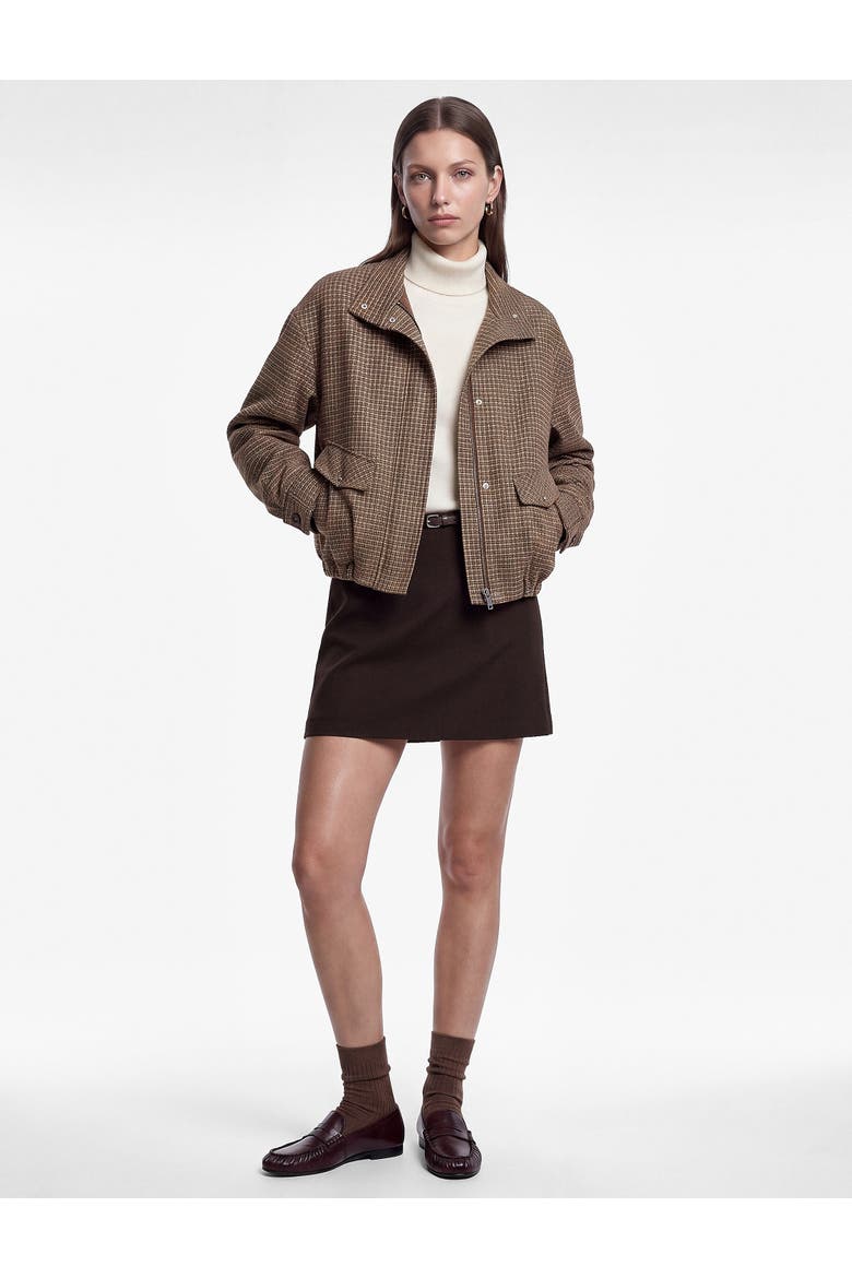 Funnel Long Sleeve Plaid Bomber Jacket with Pocket Detail, Main, color, BROWN CHECK