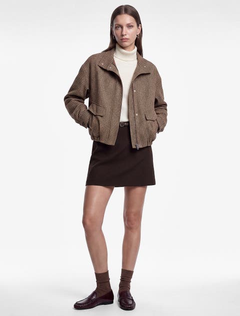 Funnel Long Sleeve Plaid Bomber Jacket with Pocket Detail