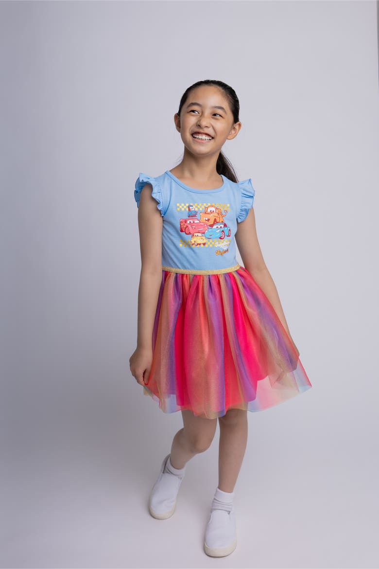 Cars Flutter Sleeve Tulle Tutu Dress, Alternate, color, Blue Cars Rainbow