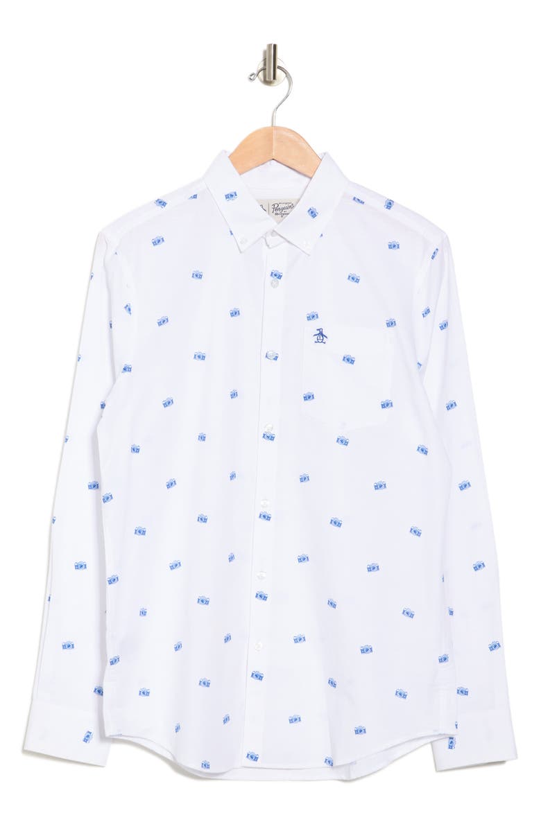 Original Penguin Camera Print Woven Shirt, Alternate, color, Bright White