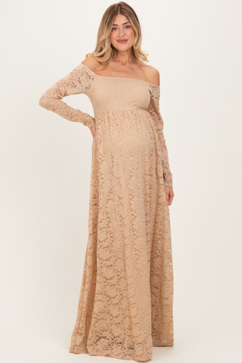 Floral Lace Long Sleeve Off Shoulder Maxi Dress, Alternate, color, Gold