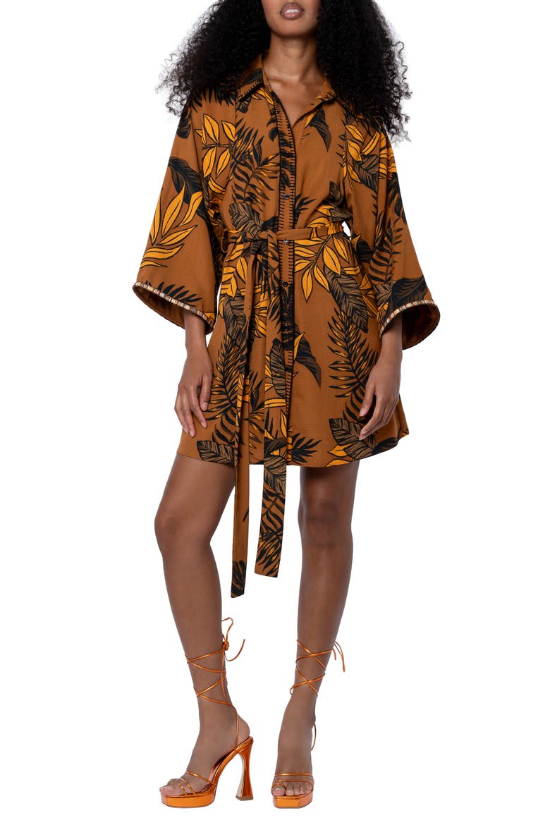 Gaia Leaf Print Mini Shirtdress, Main, color, ORANGE