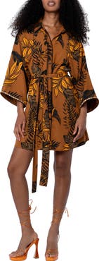 CIEBON Gaia Leaf Print Mini Shirtdress