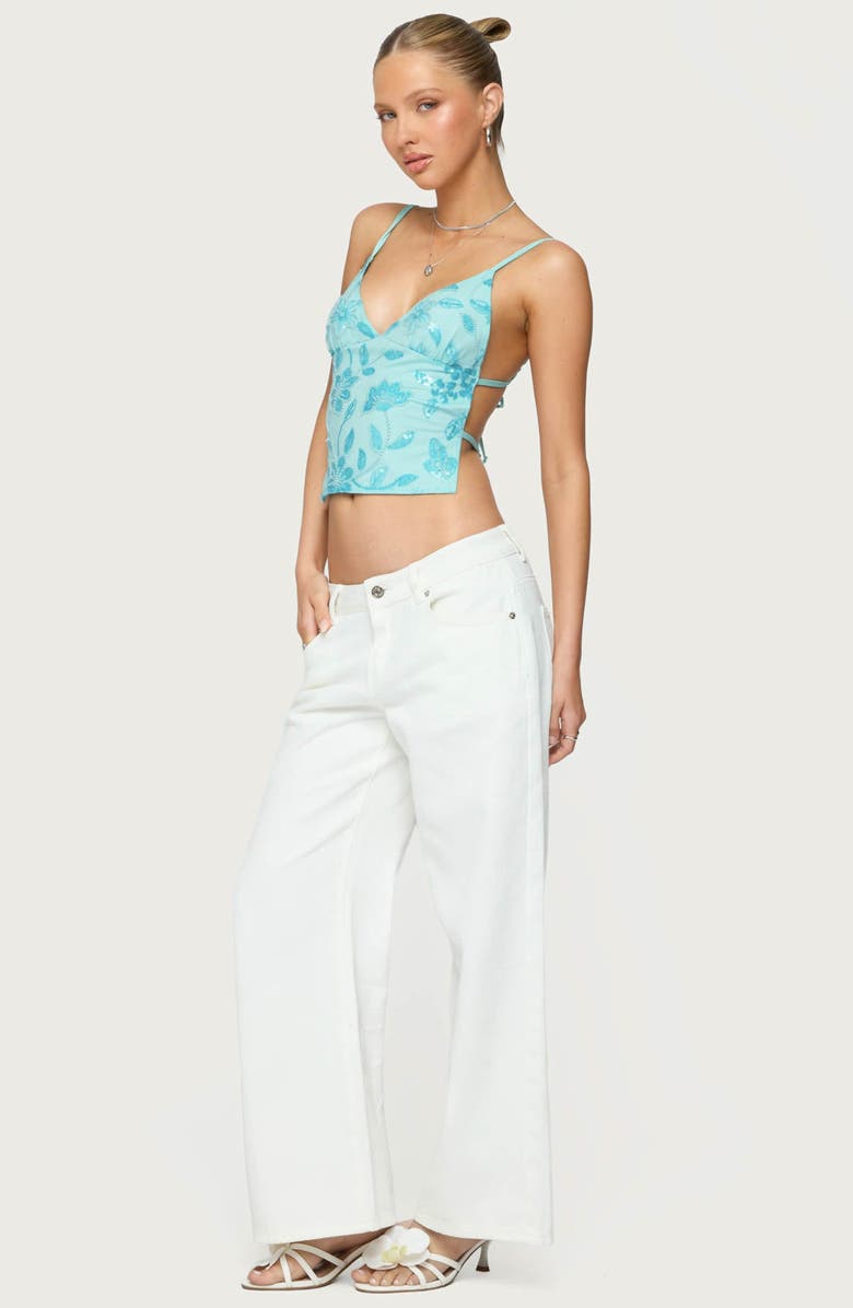 EDIKTED Pia Sequin Flower Open Back Camisole, Alternate, color, Turquoise