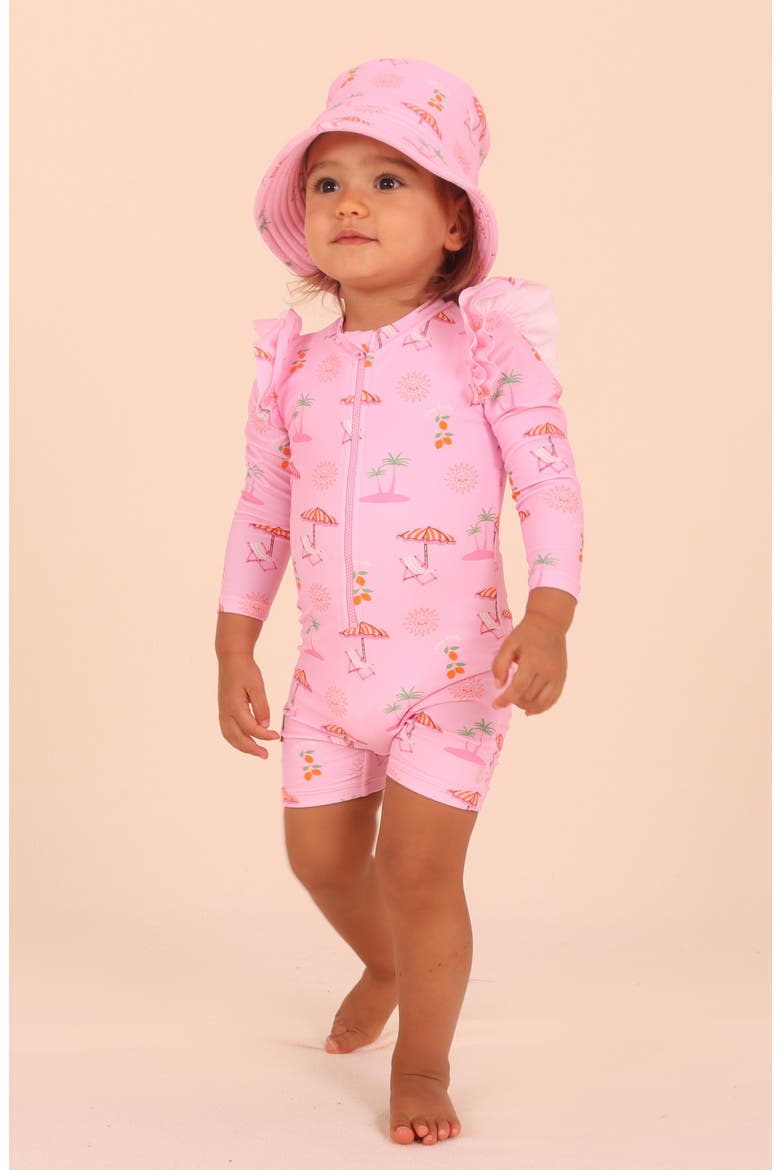 Summer Paradise Ruffle Long Sleeve UPF 50+ One-Piece Rashguard Swimsuit, Alternate, color, PINK
