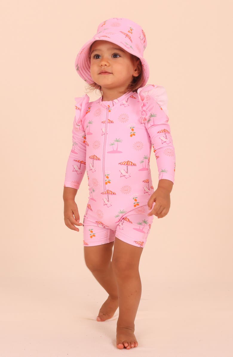 TINY TRIBE Summer Paradise Ruffle Long Sleeve UPF 50+ One-Piece Rashguard Swimsuit, Alternate, color, Pink