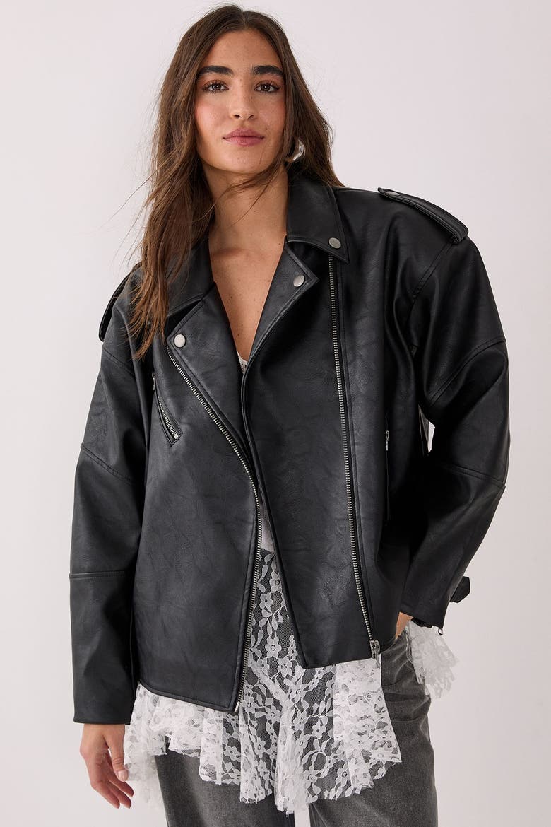 Faux Leather Biker Jacket, Main, color, Black