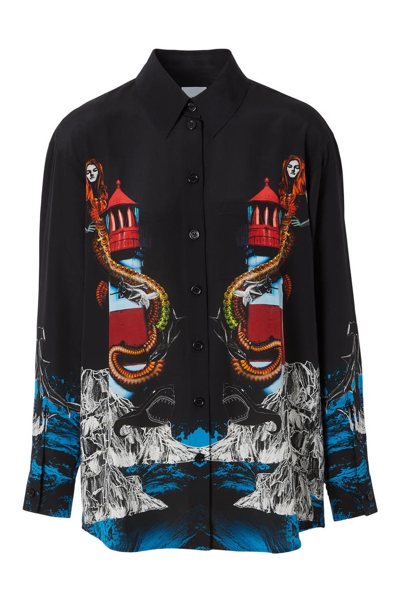 Carlota Mermaid Button-Up Silk Blouse, Alternate, color, BLACK IP PAT